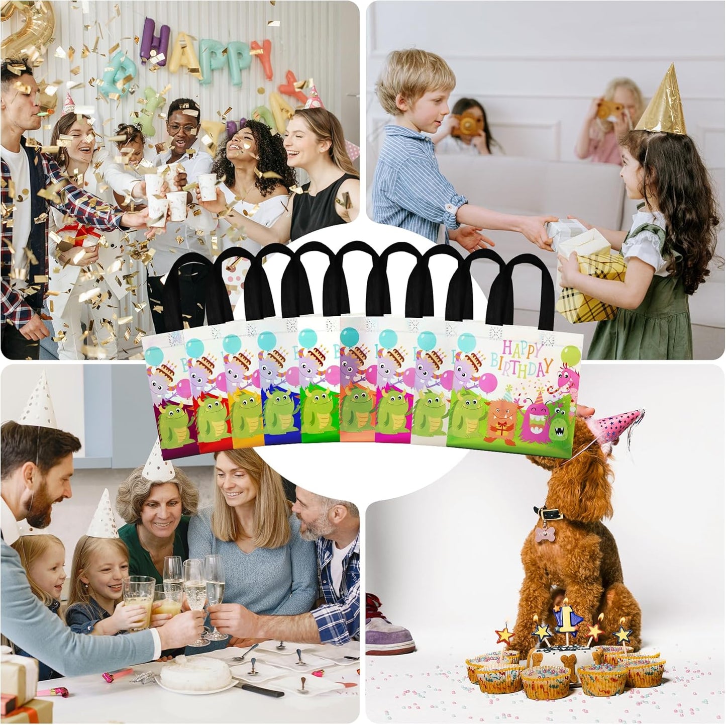 cabzymx Small Birthday Gift Bags with 9 colors, 18 Pcs Cartoon Pattern Happy Birthday Party Bags with Bases for Girls, Boys-Multicolor