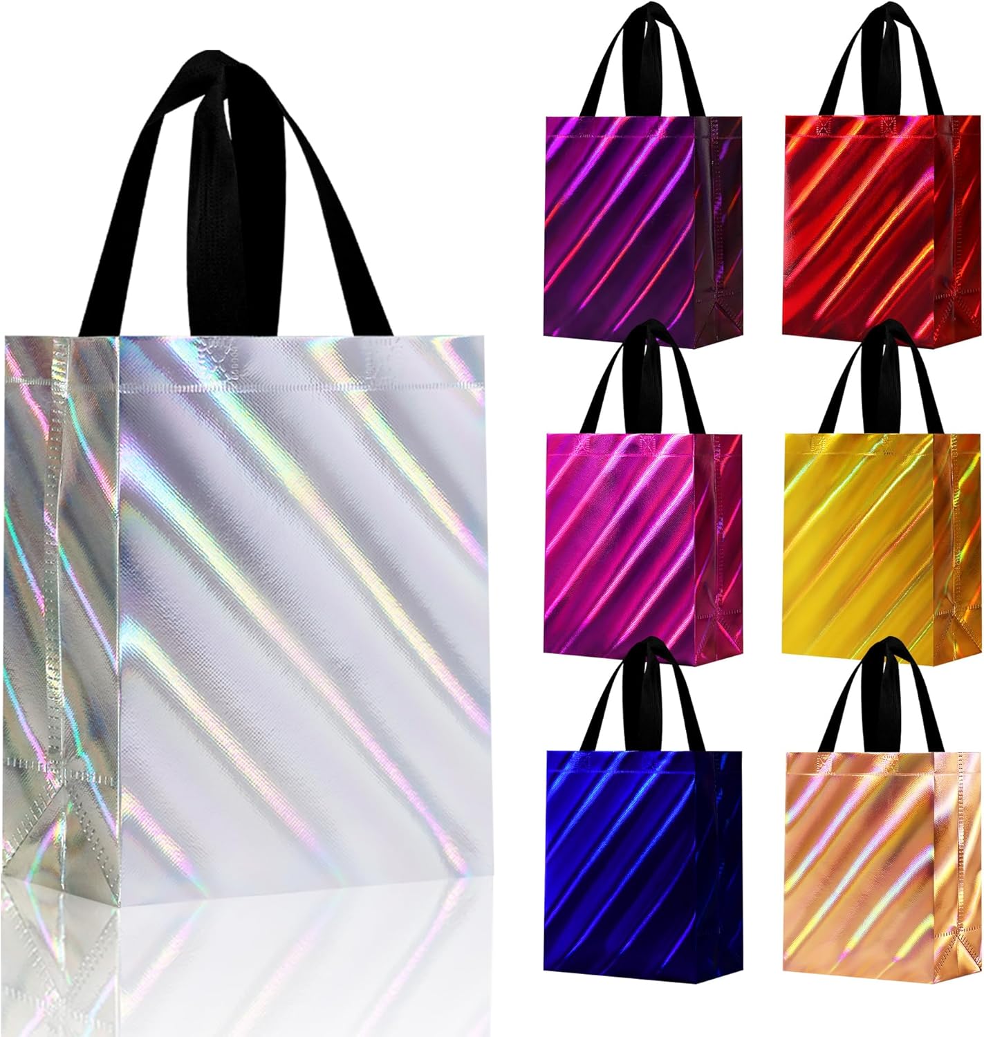 cabzymx 16 Pcs Small Holiday Gift Bags Bulk, Hot Pink Reusable Gift Bags with Twill Laser, Unique Non-woven Goodie Bags for Birthday, Wedding, Valentines, Parties, Easter- 8x3.9x9.8 In