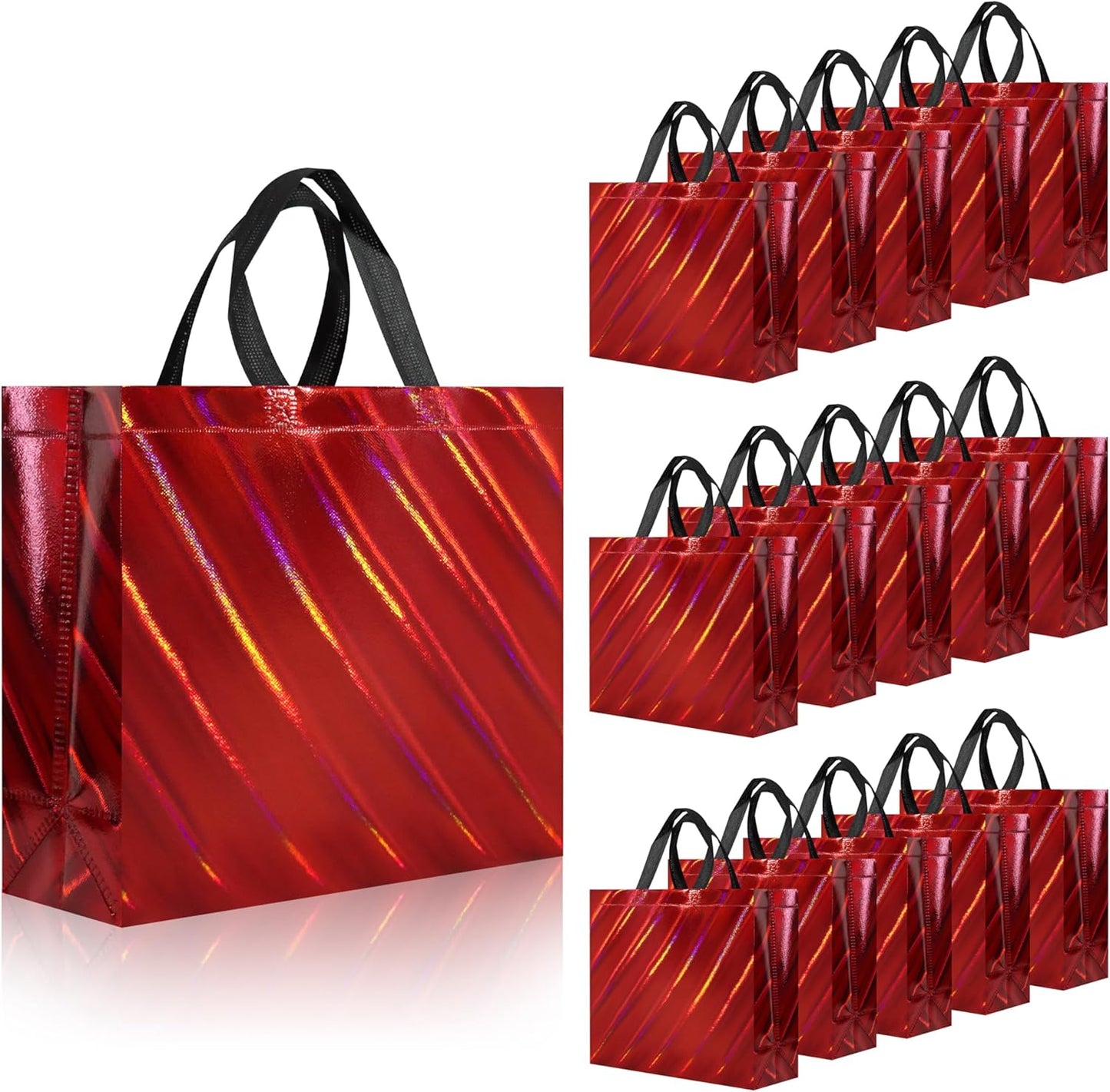 cabzymx Iridescent Glossy Gift Bags 15 pcs, 12.6x4.7x11 In Non-woven Reusable Goodie Bags Bulk, with Black Handles & Sturdy Base, Christmas Gift Bags for Birthday, Wedding, Easter, Holiday Party