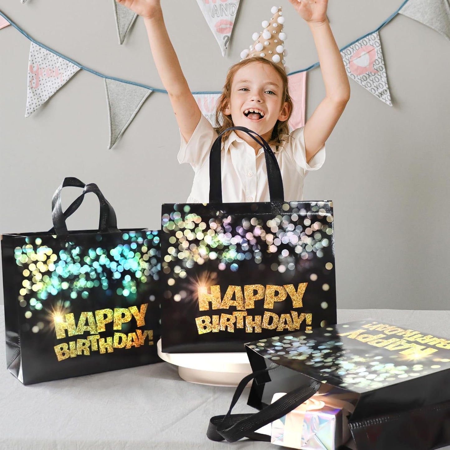 22 pcs Black Birthday Gift Bags with Bases, 12.6 x 4.7 x 11 In Large Happy Birthday Party Bags with Gold Shiny Polka Dot, Non-woven Reusable Gift Bags for Girls, Boys, Women, Men