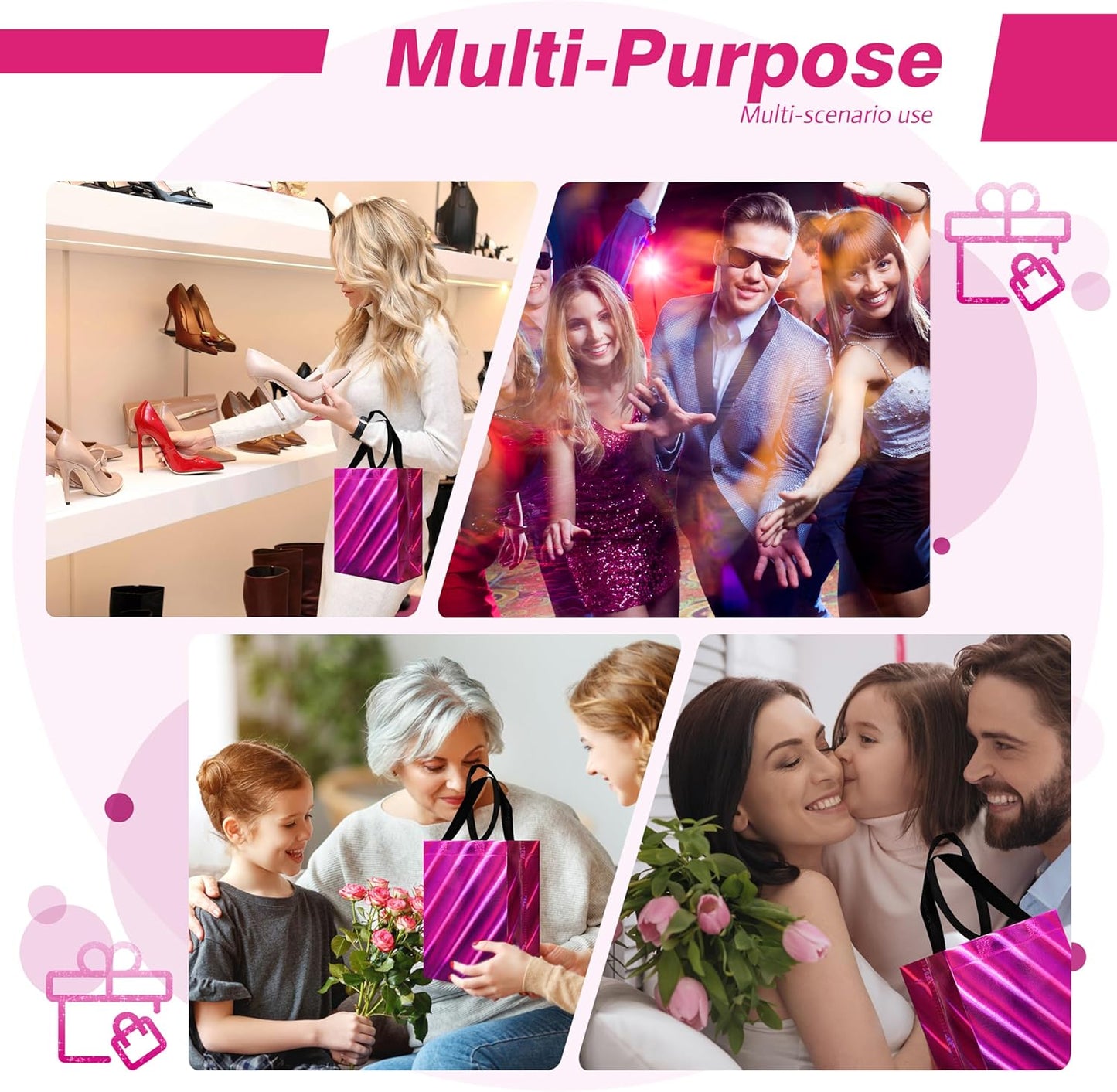 cabzymx 16 Pcs Small Holiday Gift Bags Bulk, Hot Pink Reusable Gift Bags with Twill Laser, Unique Non-woven Goodie Bags for Birthday, Wedding, Valentines, Parties, Easter- 8x3.9x9.8 In