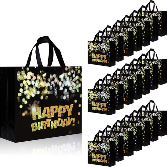 22 pcs Black Birthday Gift Bags with Bases, 12.6 x 4.7 x 11 In Large Happy Birthday Party Bags with Gold Shiny Polka Dot, Non-woven Reusable Gift Bags for Girls, Boys, Women, Men
