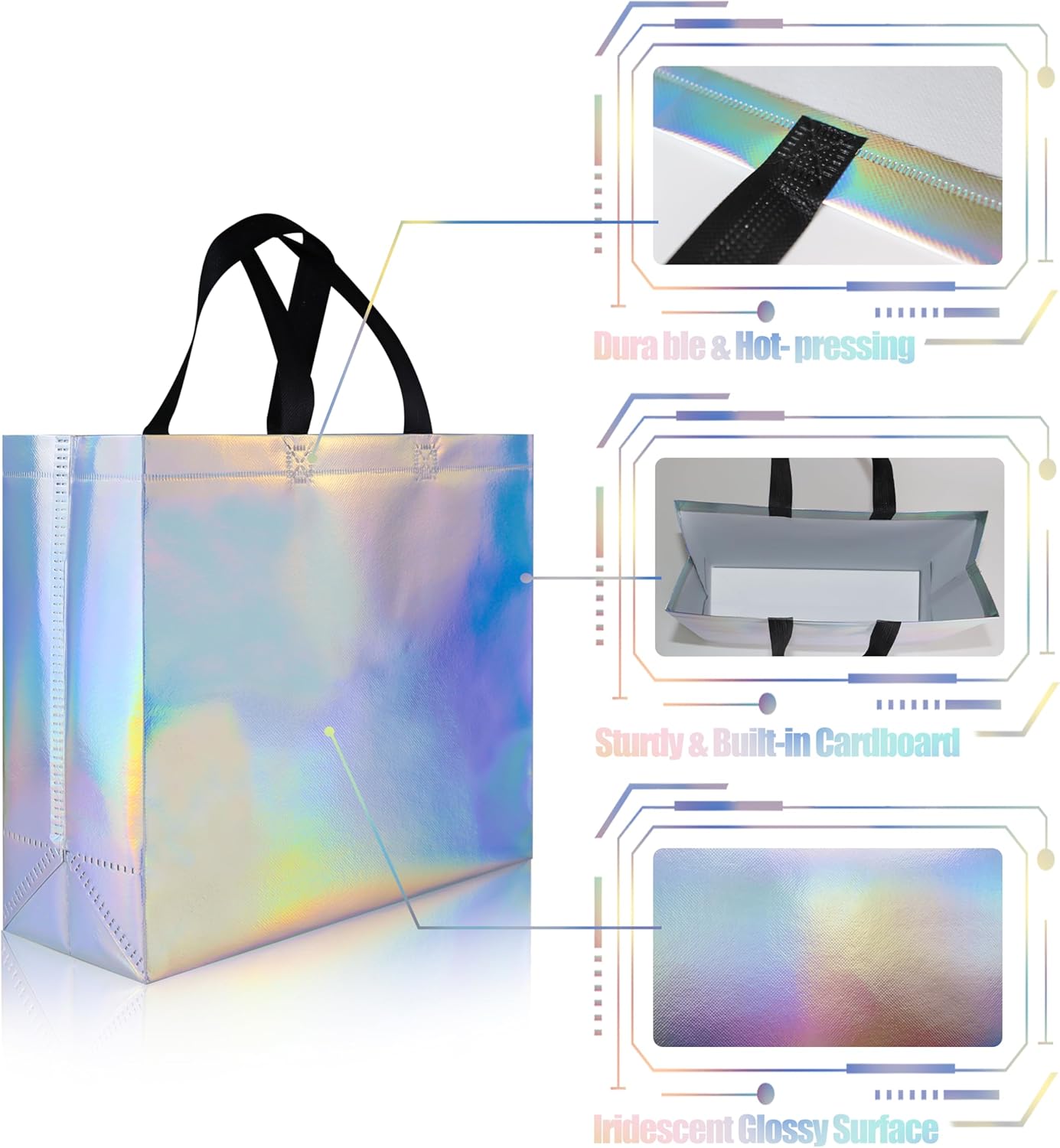 cabzymx Iridescent Glossy Gift Bags 15 pcs, 12.6x4.7x11 In Non-woven Reusable Goodie Bags Bulk, with Black Handles & Sturdy Base, Christmas Gift Bags for Birthday, Wedding, Easter, Holiday Party