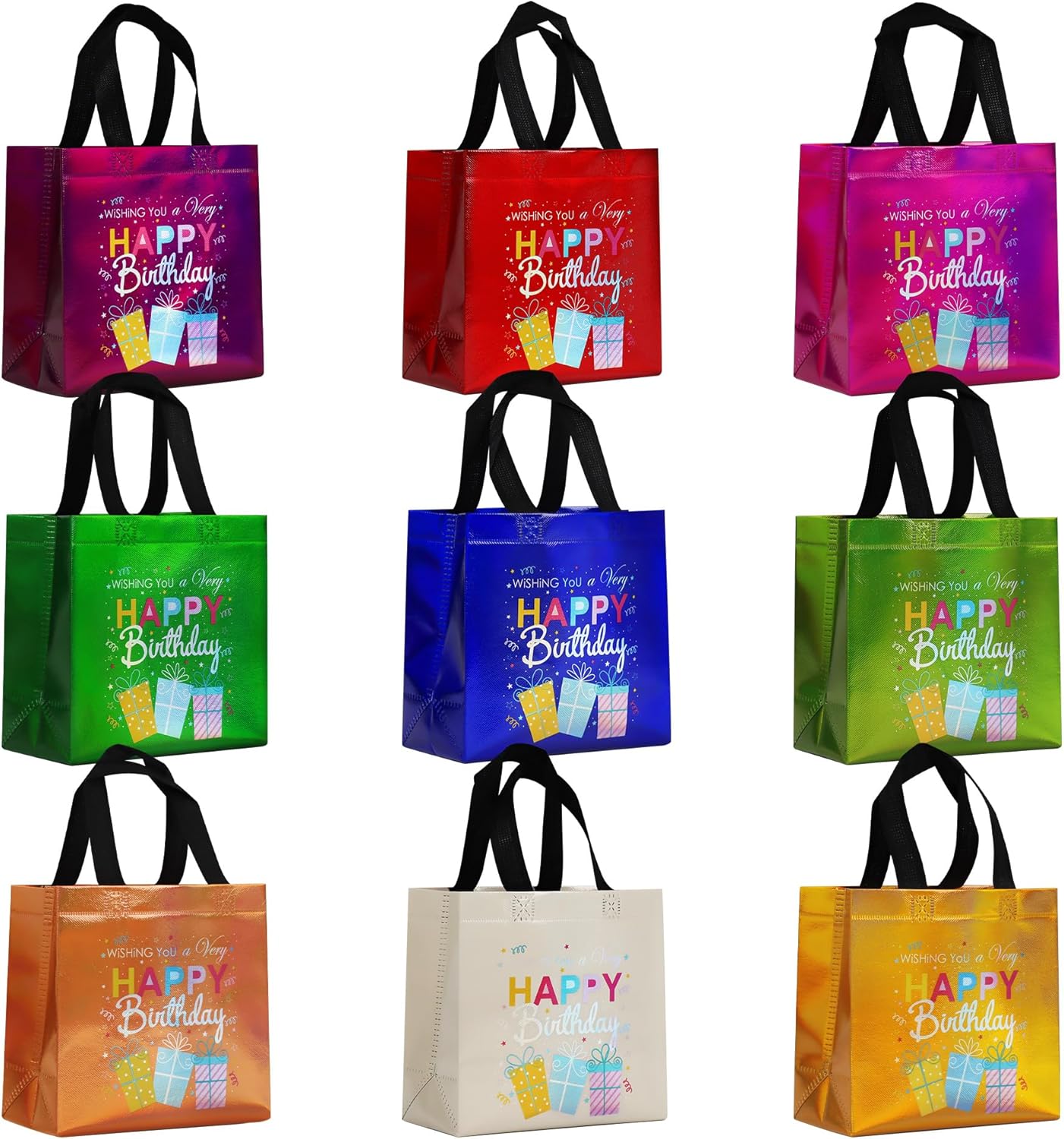 cabzymx 18 Pcs Sunset Gold Small Happy Birthday Gift Bags Bulk- with Funny Gift Design, Glossy Reusable Goodie Bags for Baby, Girls, Boys, Birthday Party- 8 x 3.9 x 8 In