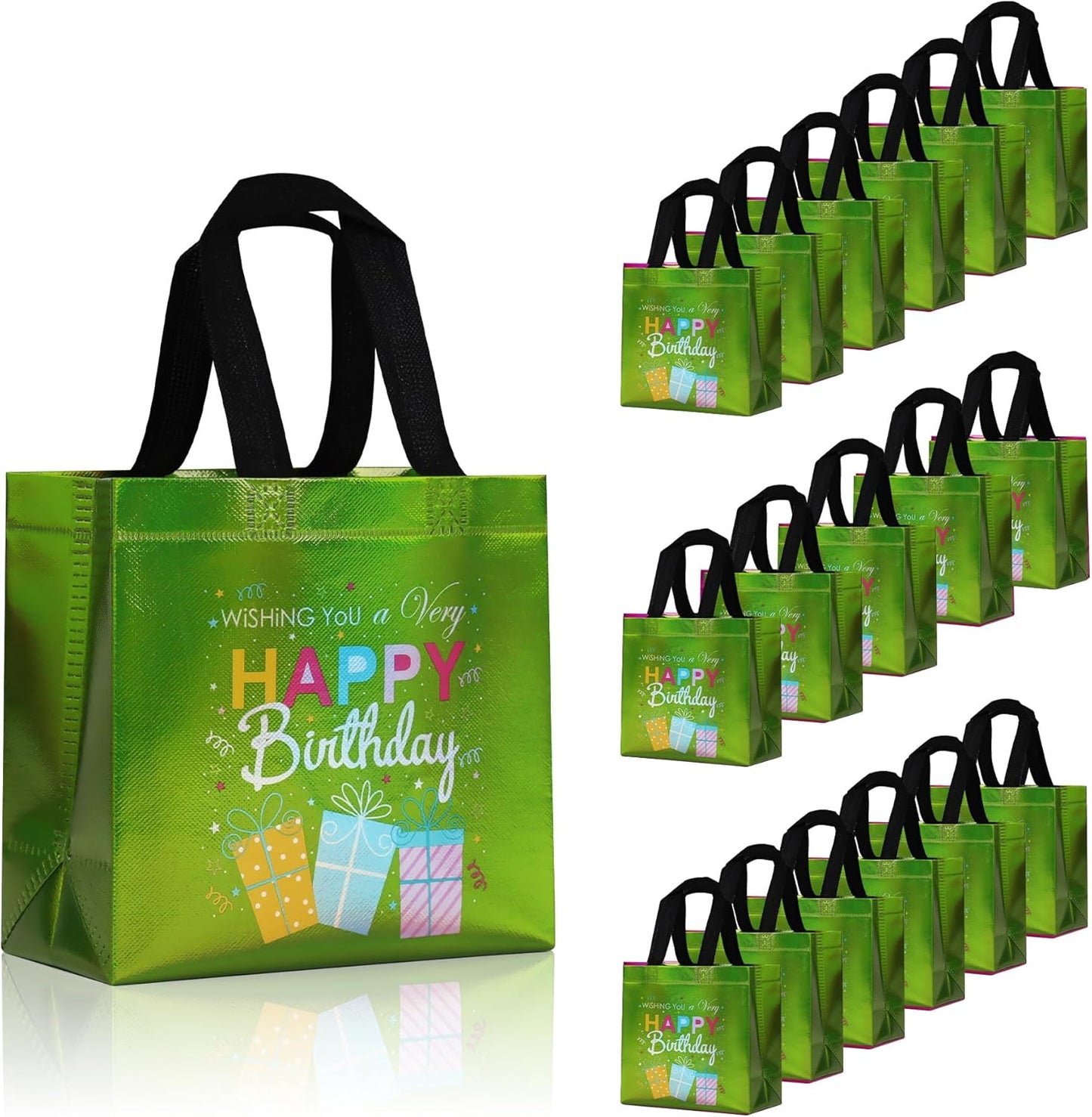 cabzymx 18 Pcs Sunset Gold Small Happy Birthday Gift Bags Bulk- with Funny Gift Design, Glossy Reusable Goodie Bags for Baby, Girls, Boys, Birthday Party- 8 x 3.9 x 8 In