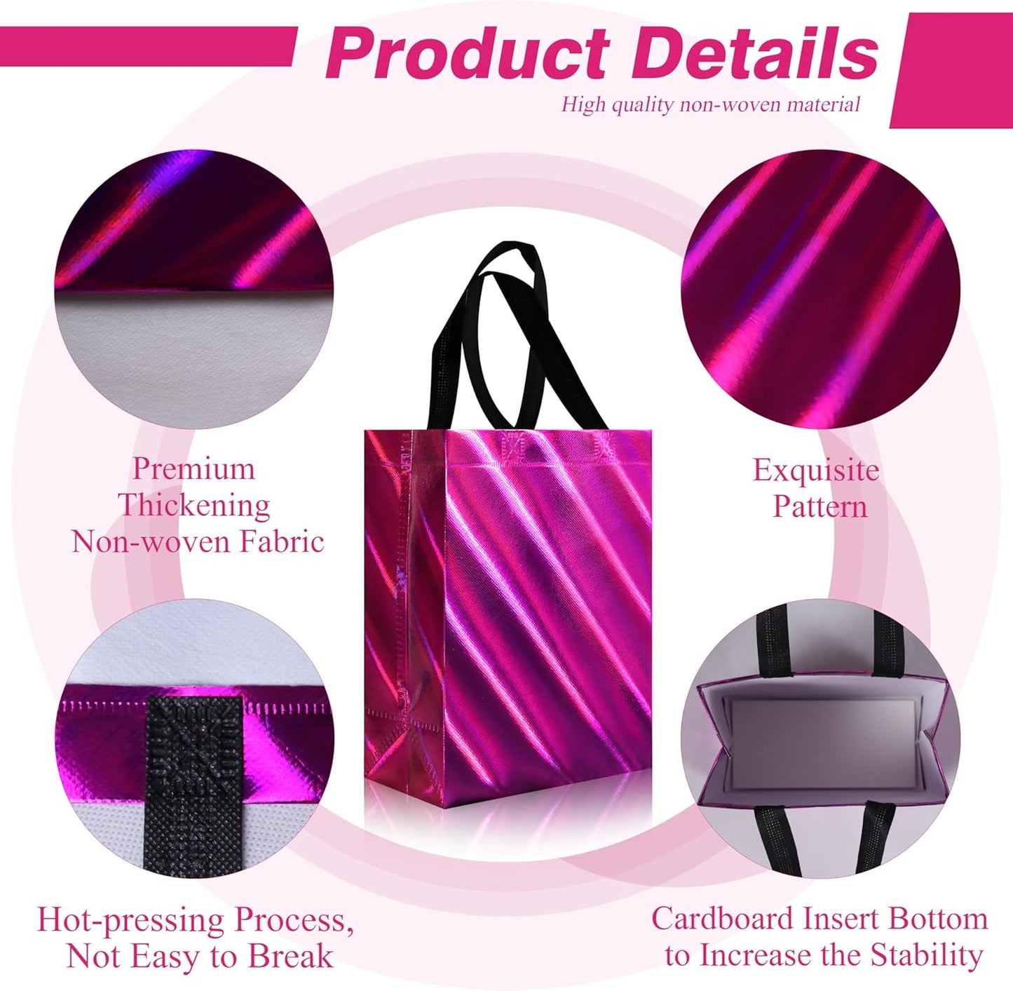 cabzymx 16 Pcs Small Holiday Gift Bags Bulk, Hot Pink Reusable Gift Bags with Twill Laser, Unique Non-woven Goodie Bags for Birthday, Wedding, Valentines, Parties, Easter- 8x3.9x9.8 In