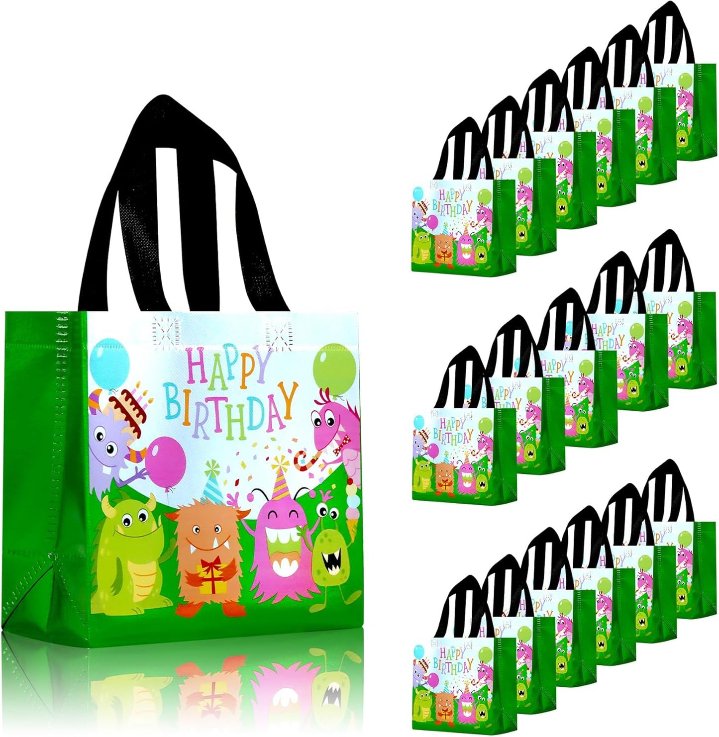 cabzymx Small Birthday Gift Bags with 9 colors, 18 Pcs Cartoon Pattern Happy Birthday Party Bags with Bases for Girls, Boys-Multicolor
