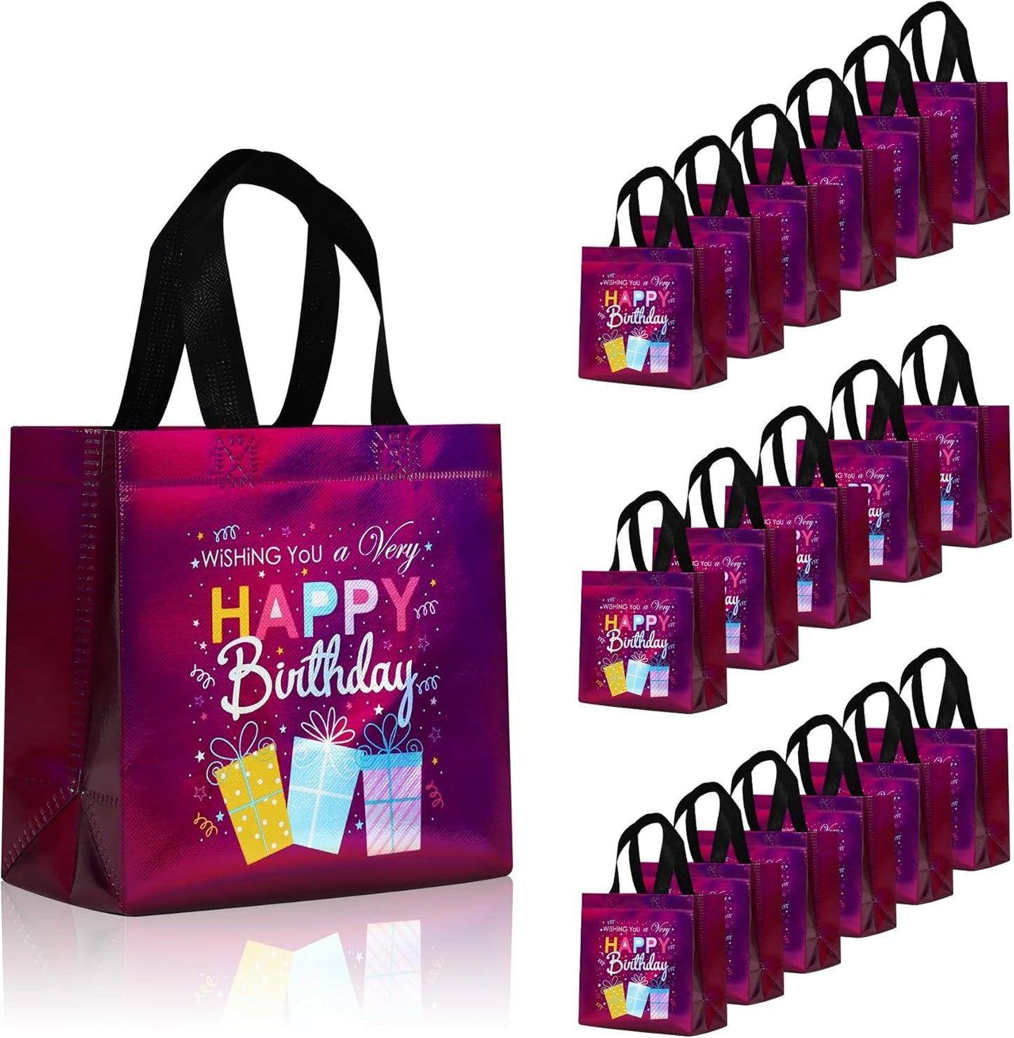 cabzymx 18 Pcs Sunset Gold Small Happy Birthday Gift Bags Bulk- with Funny Gift Design, Glossy Reusable Goodie Bags for Baby, Girls, Boys, Birthday Party- 8 x 3.9 x 8 In