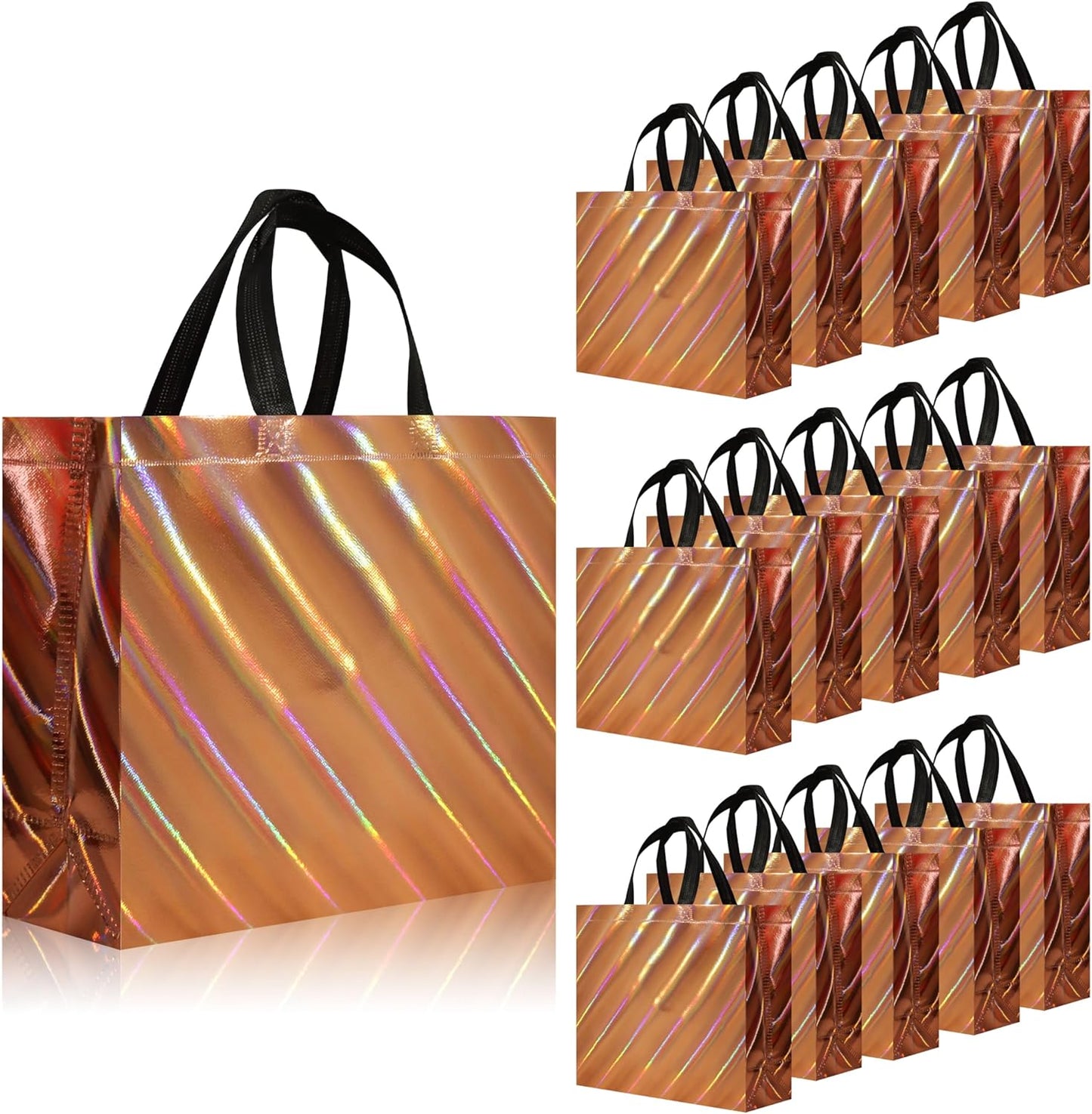cabzymx Iridescent Glossy Gift Bags 15 pcs, 12.6x4.7x11 In Non-woven Reusable Goodie Bags Bulk, with Black Handles & Sturdy Base, Christmas Gift Bags for Birthday, Wedding, Easter, Holiday Party