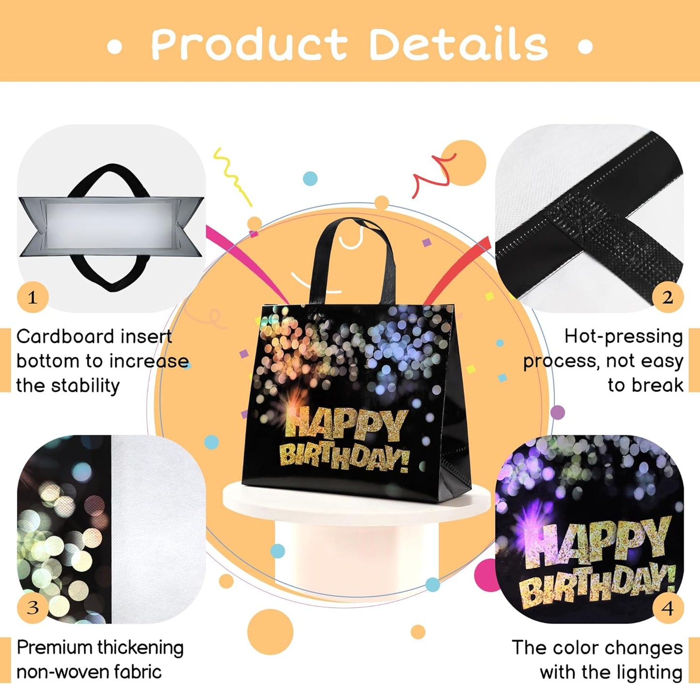 22 pcs Black Birthday Gift Bags with Bases, 12.6 x 4.7 x 11 In Large Happy Birthday Party Bags with Gold Shiny Polka Dot, Non-woven Reusable Gift Bags for Girls, Boys, Women, Men