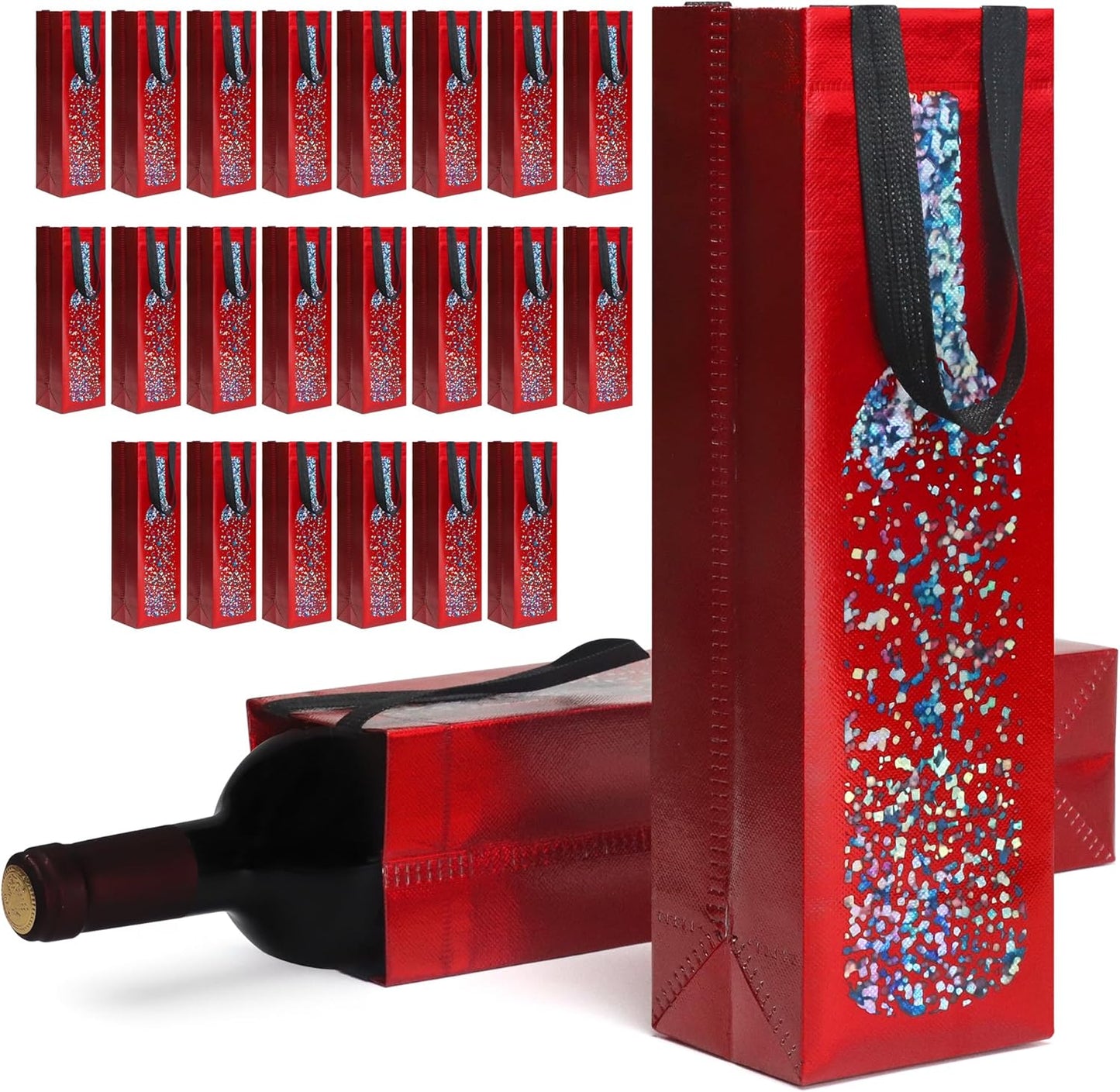 cabzymx 24-pack Yellow Reusable Wine Gift Bags with Wine Bottle Pattern Design, 13.6x3.5x3.9 Inches Non-woven Holiday Wine Bottle Bags Bulk for Christmas Thanksgiving Halloween Birthday Party