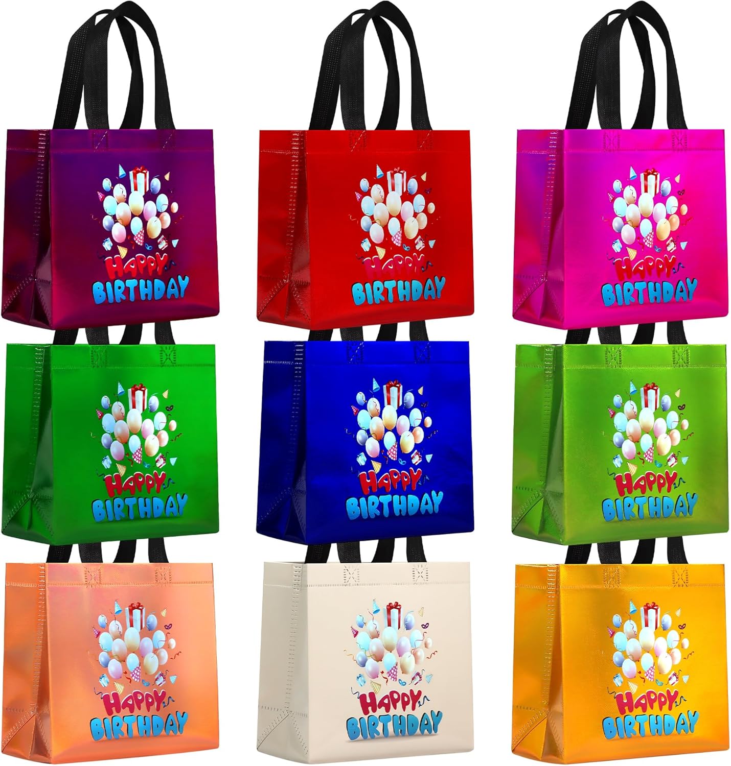 cabzymx Small Birthday Gift Bags with 9 colors, 18 Pcs Balloons Pattern Happy Birthday Party Bags with Bases for Girls, Boys-Multicolor