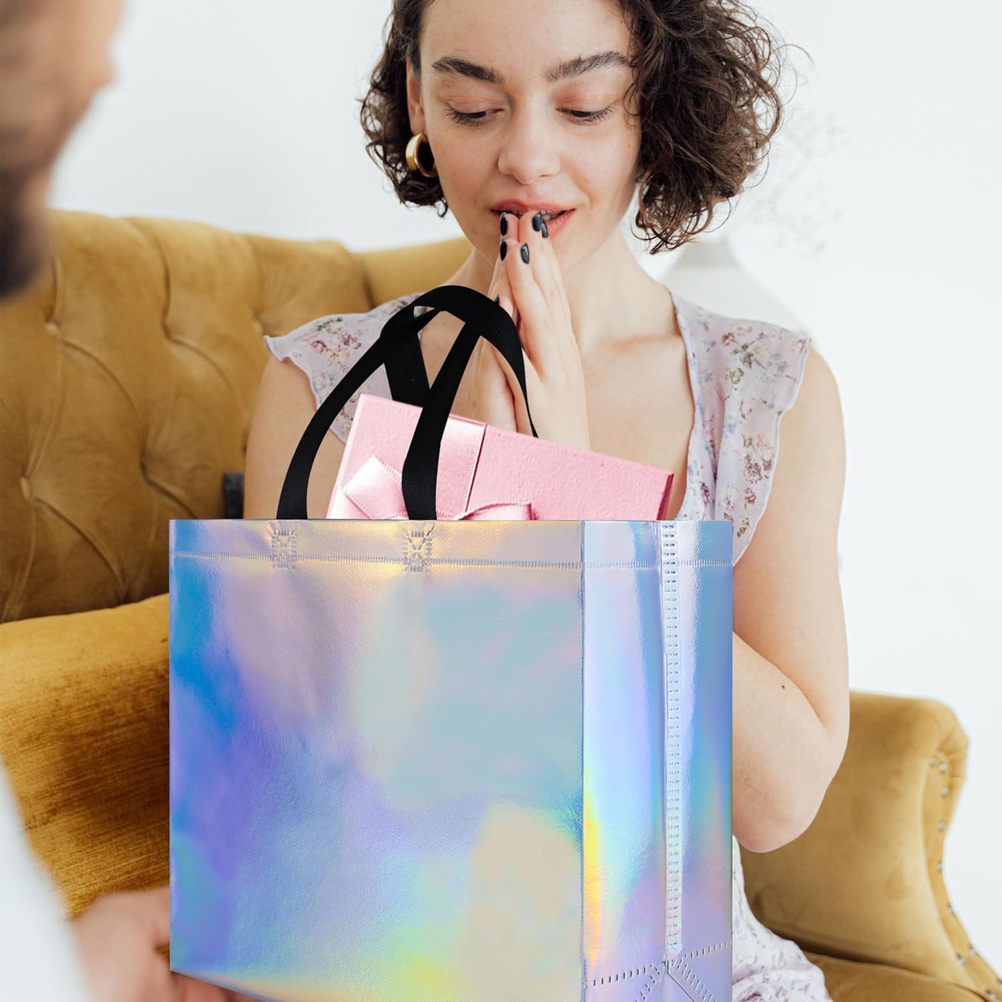 cabzymx Iridescent Glossy Gift Bags 15 pcs, 12.6x4.7x11 In Non-woven Reusable Goodie Bags Bulk, with Black Handles & Sturdy Base, Christmas Gift Bags for Birthday, Wedding, Easter, Holiday Party