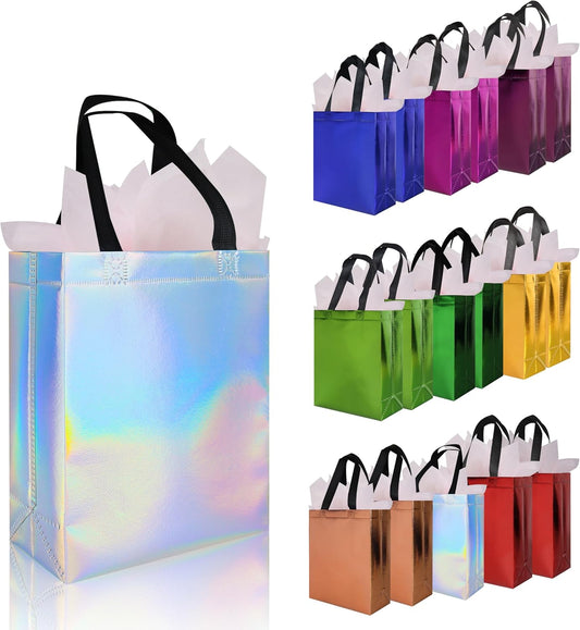 cabzymx 18 Pcs Multicolor Small Gift Bags Bulk, 8 x 3.9 x 9.8 In Glossy Non-woven Party Bags, Reusable Goodie Bags with Sturdy Base for Birthday, Wedding, Party, Holiday- 9 Colors