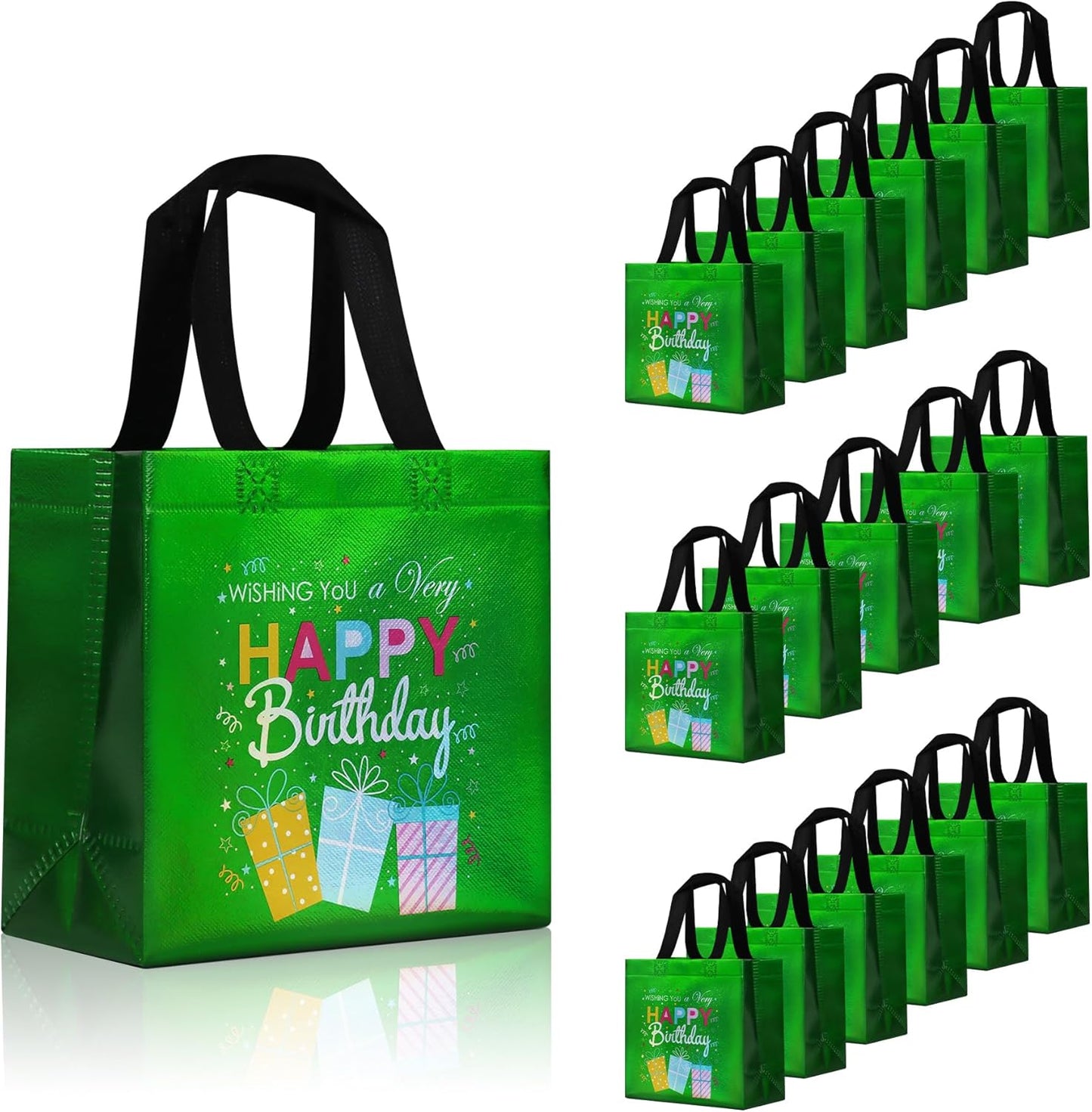 cabzymx 18 Pcs Sunset Gold Small Happy Birthday Gift Bags Bulk- with Funny Gift Design, Glossy Reusable Goodie Bags for Baby, Girls, Boys, Birthday Party- 8 x 3.9 x 8 In