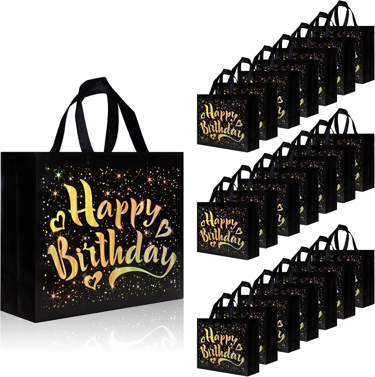 22 pcs Black Birthday Gift Bags with Bases, 12.6 x 4.7 x 11 In Large Happy Birthday Party Bags with Gold Shiny Polka Dot, Non-woven Reusable Gift Bags for Girls, Boys, Women, Men