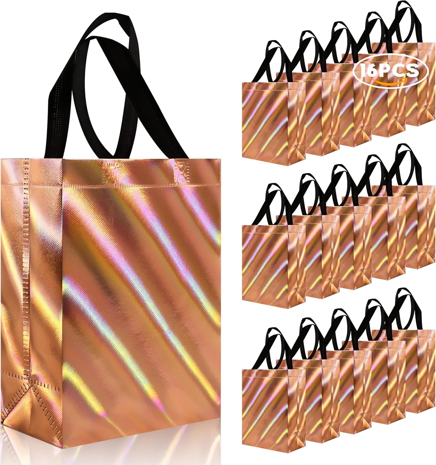 cabzymx 16 Pcs Small Holiday Gift Bags Bulk, Hot Pink Reusable Gift Bags with Twill Laser, Unique Non-woven Goodie Bags for Birthday, Wedding, Valentines, Parties, Easter- 8x3.9x9.8 In