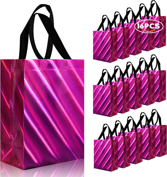 cabzymx 16 Pcs Small Holiday Gift Bags Bulk, Hot Pink Reusable Gift Bags with Twill Laser, Unique Non-woven Goodie Bags for Birthday, Wedding, Valentines, Parties, Easter- 8x3.9x9.8 In
