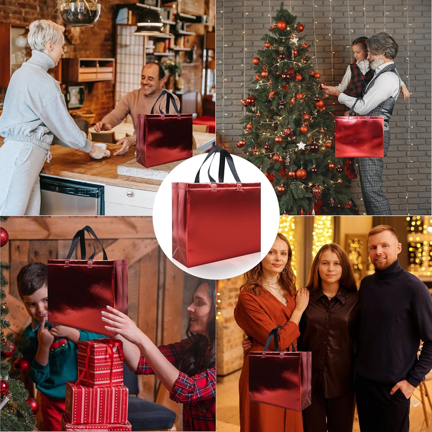 15 Pcs Glossy Red Reusable Gift Bags with Handle, 12.6 x 4.7 x 11 In Christmas Gift Bags with Sturdy Base, Non-woven Holiday Gift Bags Bulk for Xmas, Birthday, Wedding, Party