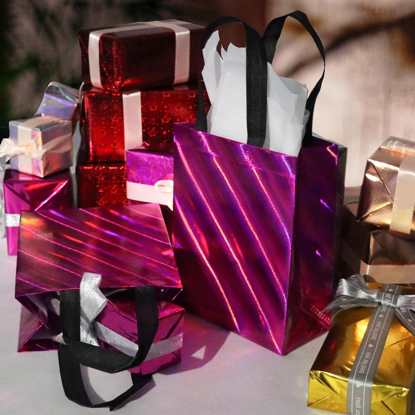 cabzymx 16 Pcs Small Holiday Gift Bags Bulk, Hot Pink Reusable Gift Bags with Twill Laser, Unique Non-woven Goodie Bags for Birthday, Wedding, Valentines, Parties, Easter- 8x3.9x9.8 In