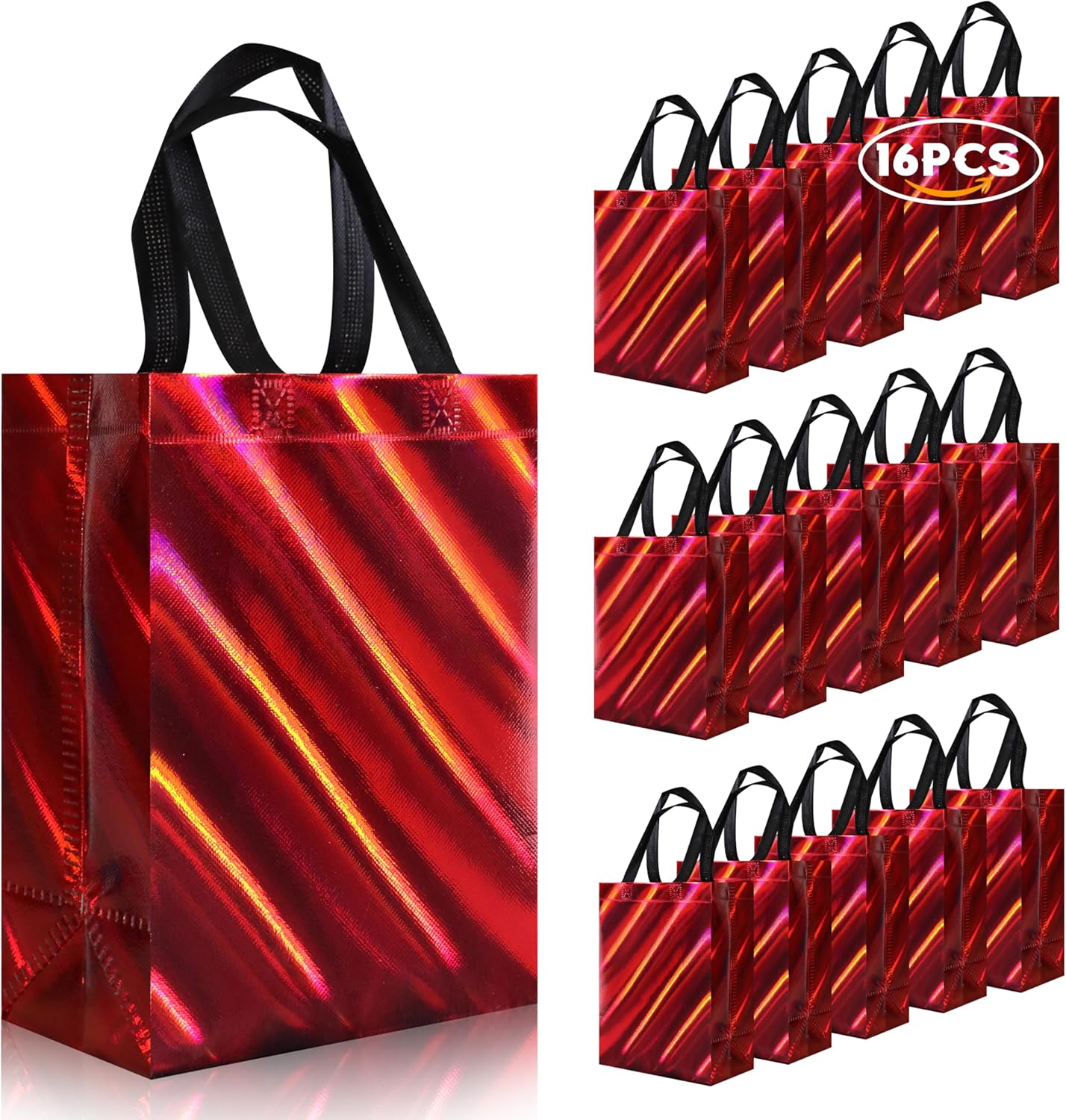 cabzymx 16 Pcs Small Holiday Gift Bags Bulk, Hot Pink Reusable Gift Bags with Twill Laser, Unique Non-woven Goodie Bags for Birthday, Wedding, Valentines, Parties, Easter- 8x3.9x9.8 In