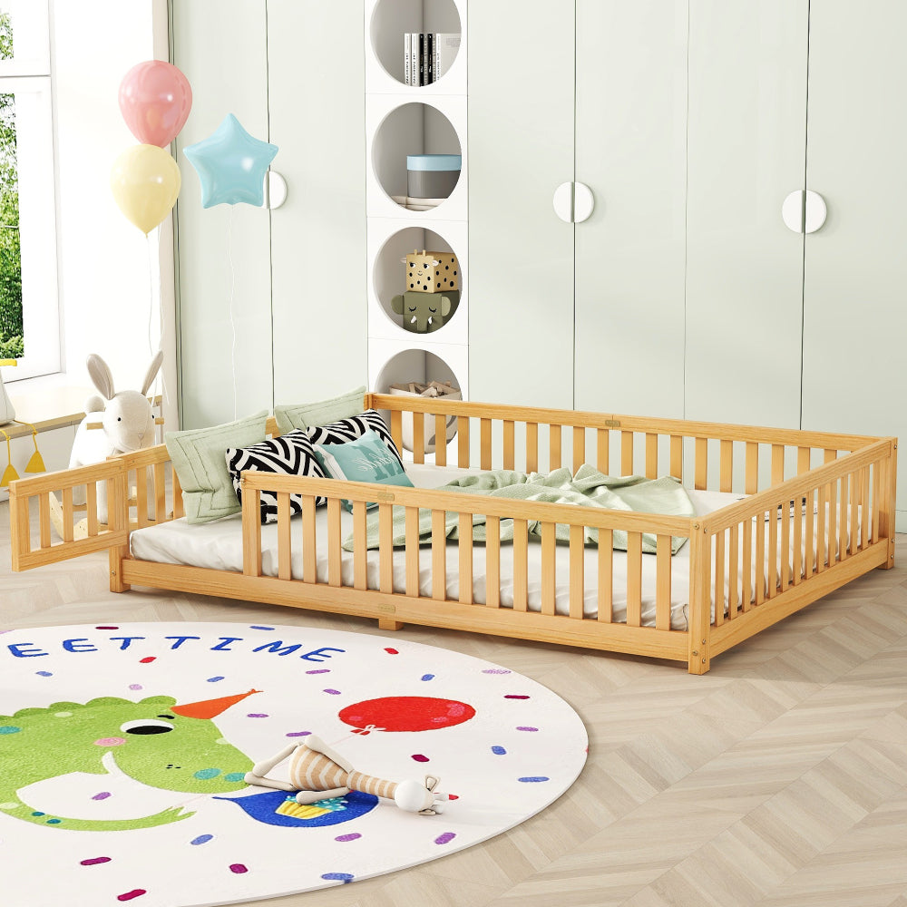 Full Size Bed Floor Bed with Safety Guardrails and Door for Kids, Natural
