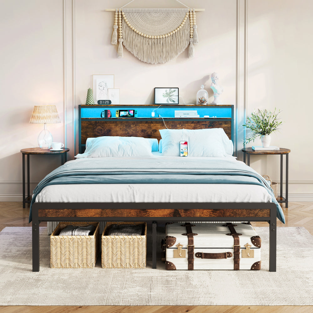Full Size Metal Bed Frame with Headboard and Footboard, LED Lighting, Black Heavy Duty Mattress Foundation with Steel Slat Support, Noise Free,81.73"L x 54.13"W x 38.96"H