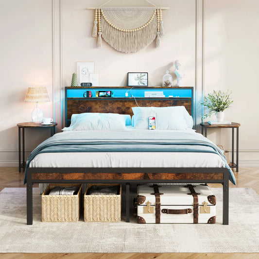 Full Size Metal Bed Frame with Headboard and Footboard, LED Lighting, Black Heavy Duty Mattress Foundation with Steel Slat Support, Noise Free,81.73"L x 54.13"W x 38.96"H