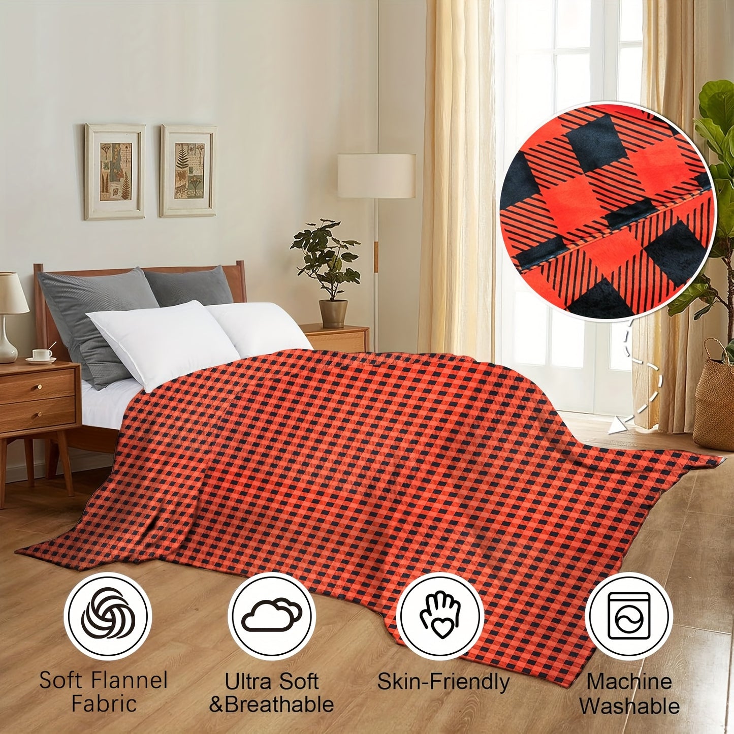 Extra Large Oversized Throw Blanket - 120x120 Inch, Double-Sided Gingham Print in Black & Red, Soft & Warm Non-Shedding Milky Plush Flannel, 450GSM Thick - Ideal for Bedroom, Sofa, Couch, Travel, Camping - Family Size, Camping Essential|Gingham Pattern Bl