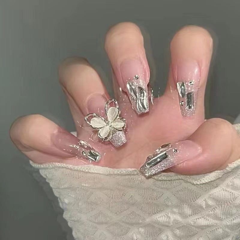 Press On Nails, Acrylic Handmade Stick on Nails, 24pcs 3D Butterfly False Nails Long Coffin Shaped Elegant French Ballet Luxury Design Fake Nails for Women Girls on Wedding Parties