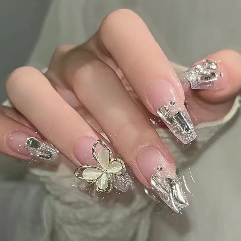 Press On Nails, Acrylic Handmade Stick on Nails, 24pcs 3D Butterfly False Nails Long Coffin Shaped Elegant French Ballet Luxury Design Fake Nails for Women Girls on Wedding Parties