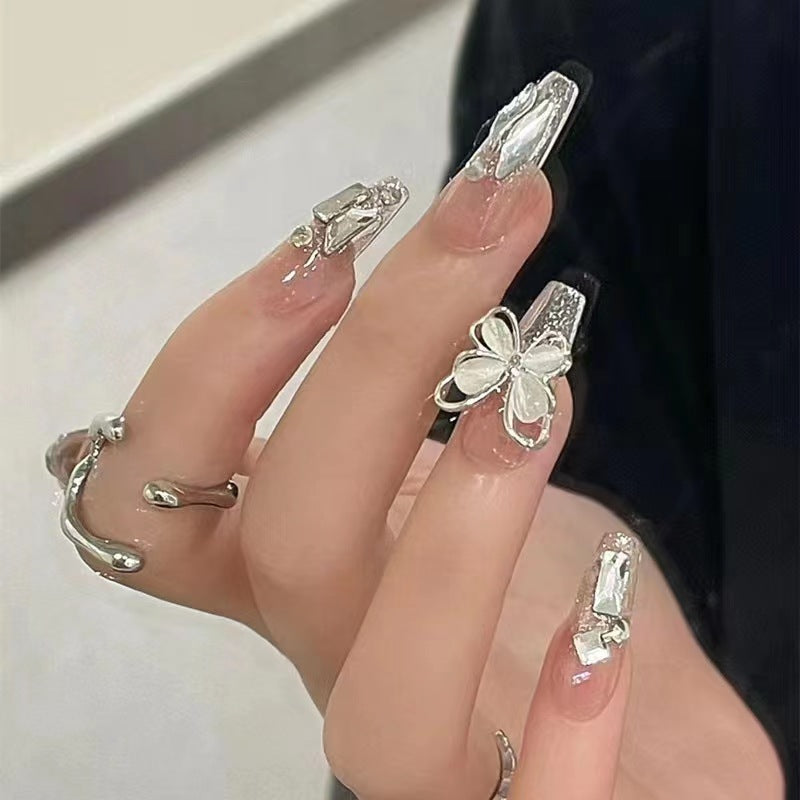 Press On Nails, Acrylic Handmade Stick on Nails, 24pcs 3D Butterfly False Nails Long Coffin Shaped Elegant French Ballet Luxury Design Fake Nails for Women Girls on Wedding Parties