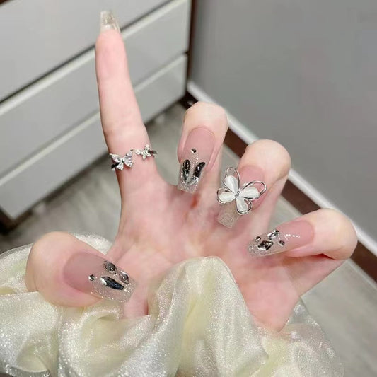 Press On Nails, Acrylic Handmade Stick on Nails, 24pcs 3D Butterfly False Nails Long Coffin Shaped Elegant French Ballet Luxury Design Fake Nails for Women Girls on Wedding Parties