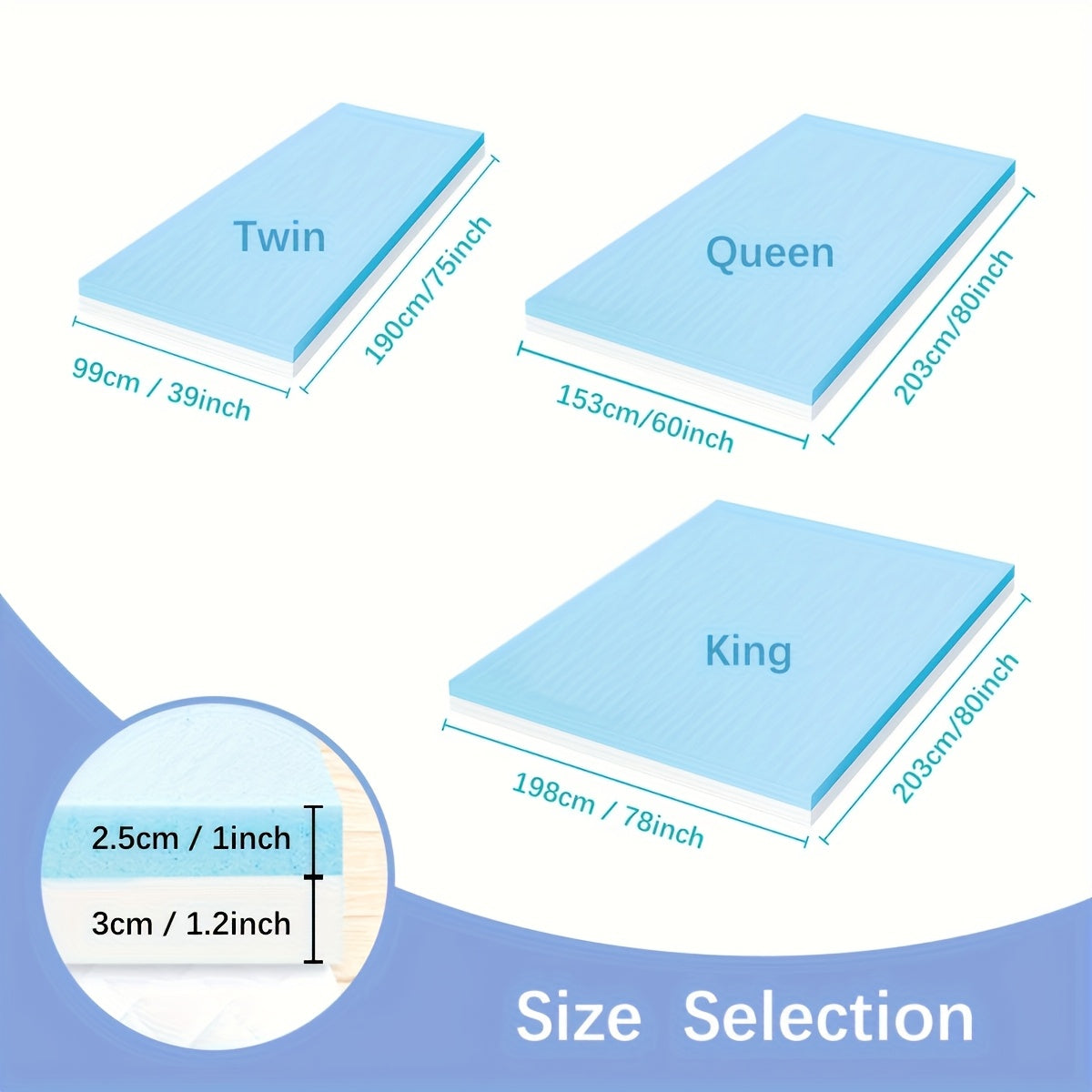 Dual Layer Hybrid Memory Foam Mattress Topper with Washable Removable Cover, High Density Ventilated Bed Pad for Enhanced Sleep Comfort, Zippered Light Blue Polyester