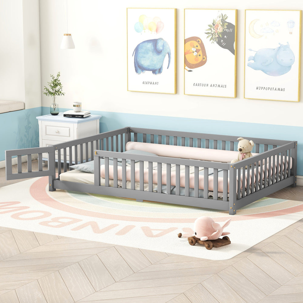 Full Size Bed Floor Bed with Safety Guardrails and Door for Kids, Natural