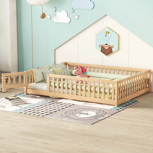 Full Size Bed Floor Bed with Safety Guardrails and Door for Kids, Natural