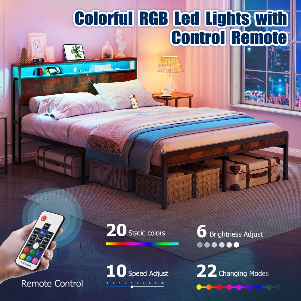 Full Size Metal Bed Frame with Headboard and Footboard, LED Lighting, Black Heavy Duty Mattress Foundation with Steel Slat Support, Noise Free,81.73"L x 54.13"W x 38.96"H