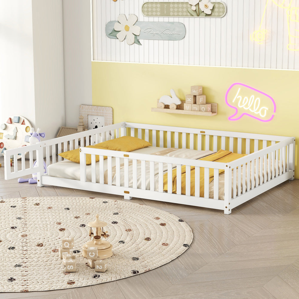 Full Size Bed Floor Bed with Safety Guardrails and Door for Kids, Natural
