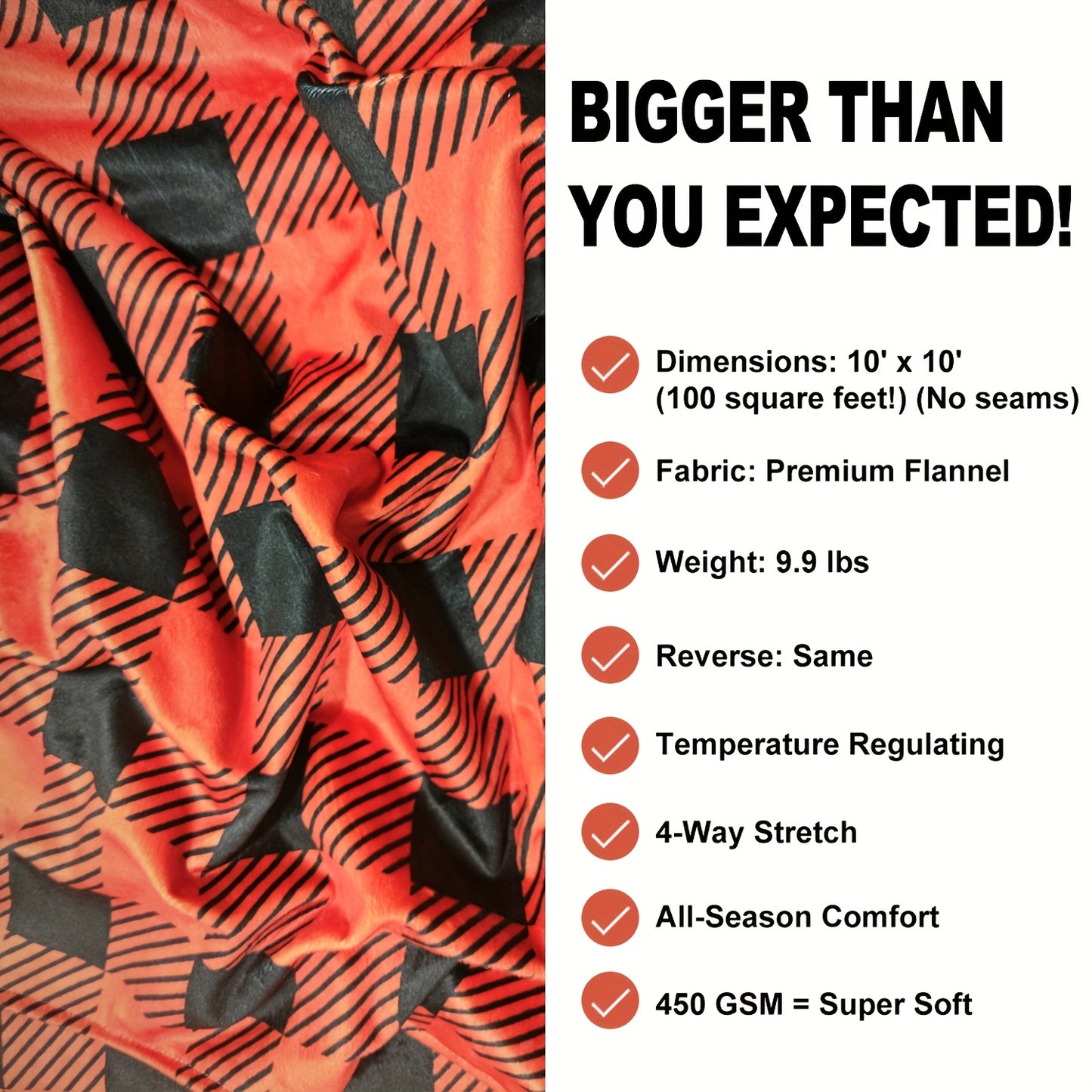 Extra Large Oversized Throw Blanket - 120x120 Inch, Double-Sided Gingham Print in Black & Red, Soft & Warm Non-Shedding Milky Plush Flannel, 450GSM Thick - Ideal for Bedroom, Sofa, Couch, Travel, Camping - Family Size, Camping Essential|Gingham Pattern Bl