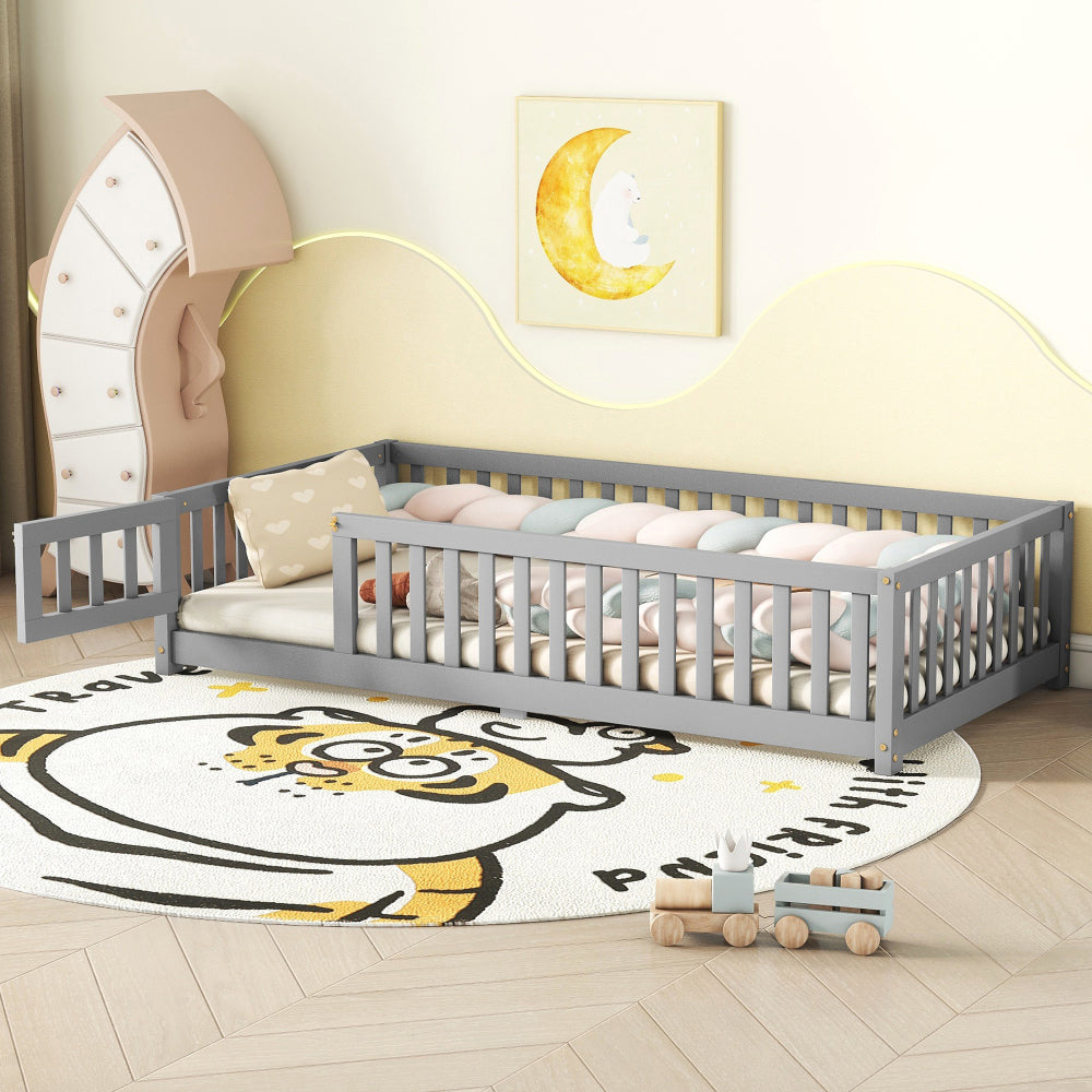 Full Size Bed Floor Bed with Safety Guardrails and Door for Kids, Natural