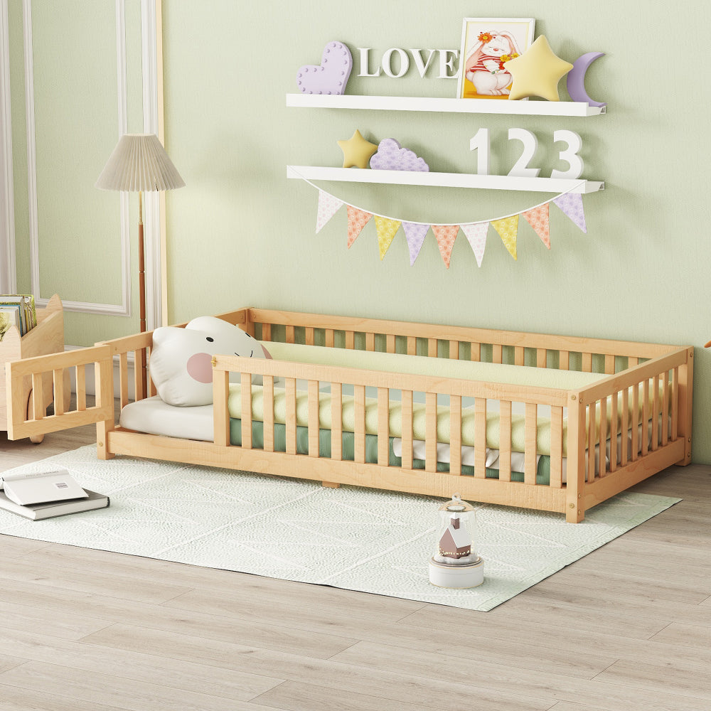 Full Size Bed Floor Bed with Safety Guardrails and Door for Kids, Natural