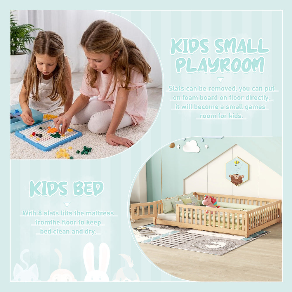 Full Size Bed Floor Bed with Safety Guardrails and Door for Kids, Natural