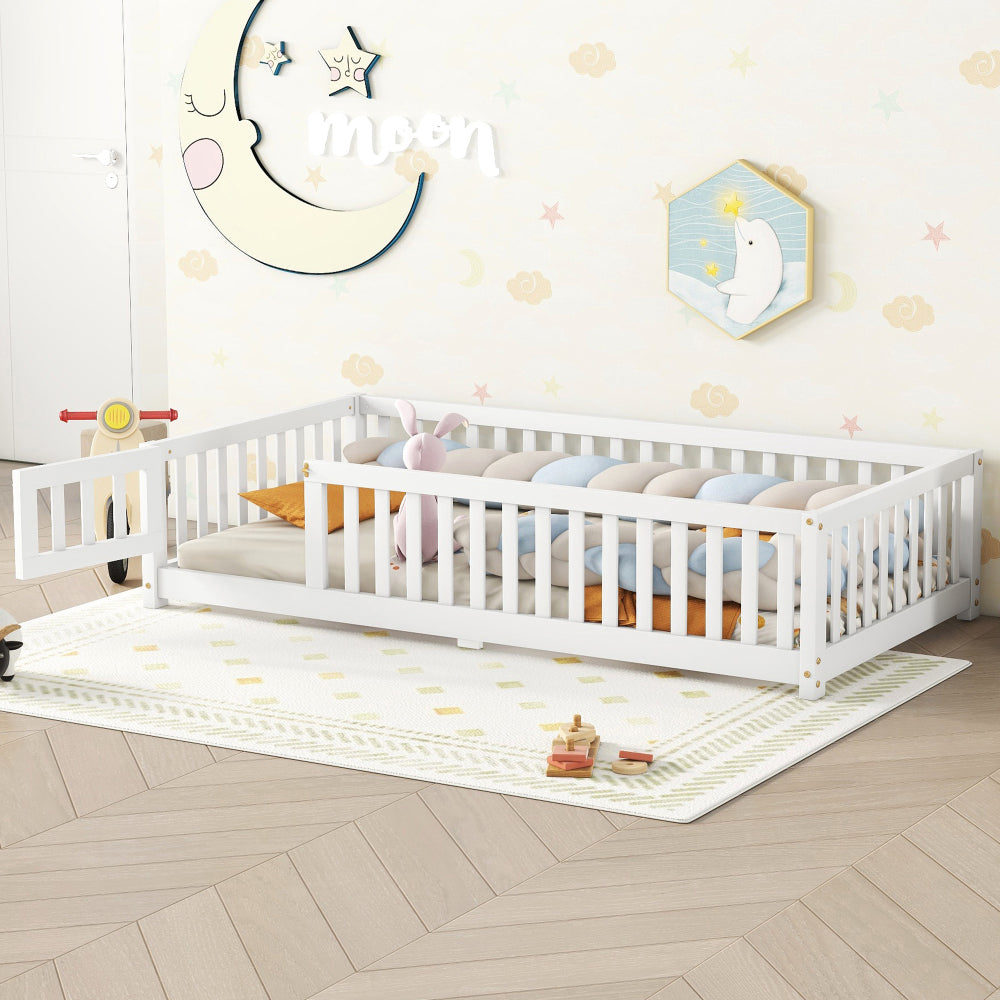 Full Size Bed Floor Bed with Safety Guardrails and Door for Kids, Natural