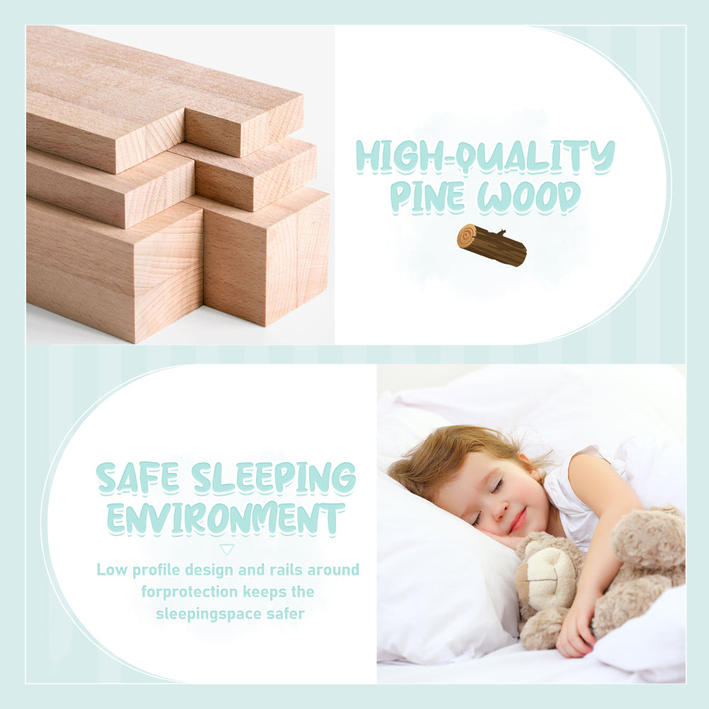 Full Size Bed Floor Bed with Safety Guardrails and Door for Kids, Natural