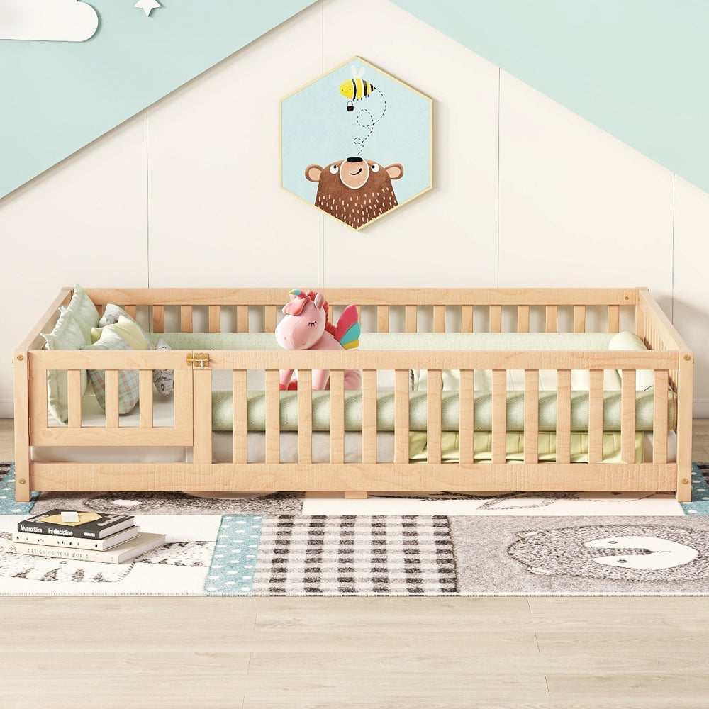 Full Size Bed Floor Bed with Safety Guardrails and Door for Kids, Natural